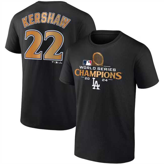 Men's Los Angeles Dodgers #22 Clayton Kershaw Black 2024 World Series Champions Name & Number T-Shirt,We sell and wholesale Men's Los Angeles Dodgers #22 Clayton Kershaw Black 2024 World Series Champions Name & Number T-Shirt on line form chian!